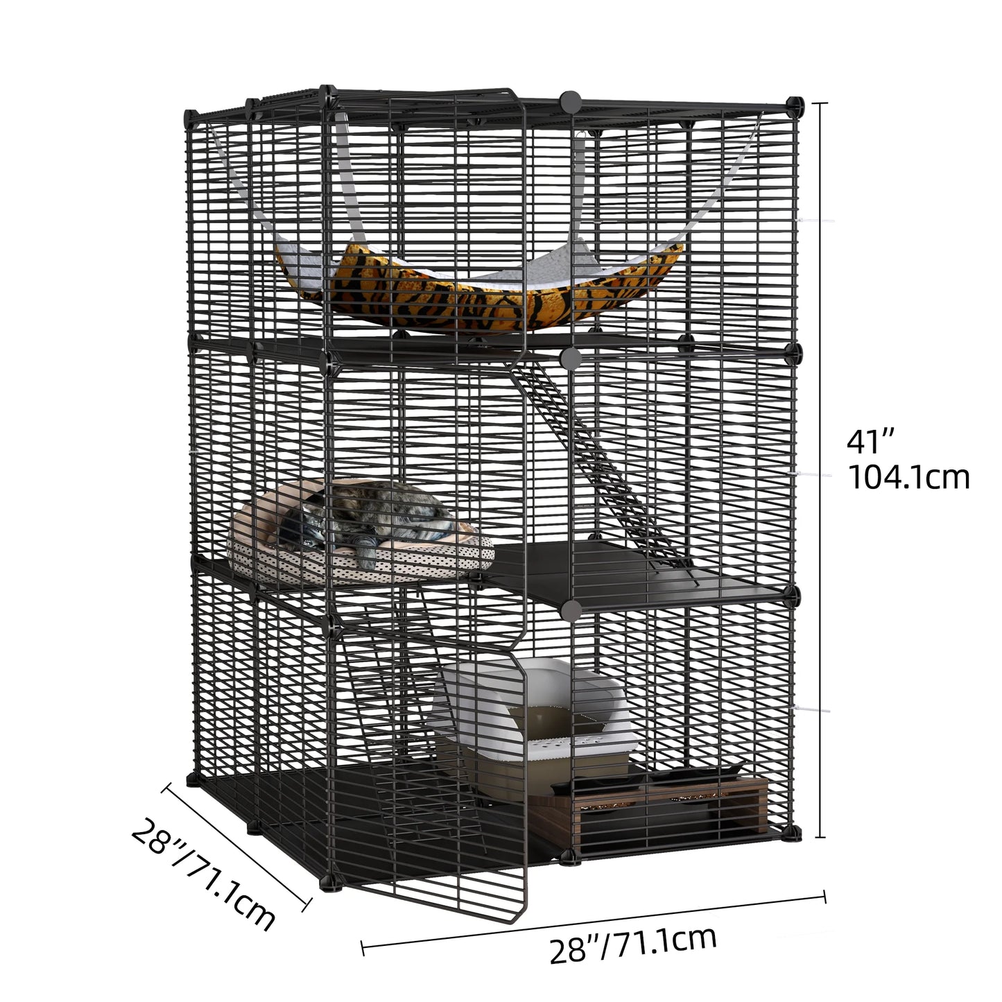 41" Large 3-Tier Cat Cage with Extra Large Hammock - Indoor Pet Playpen for 1-2 Cats, Black