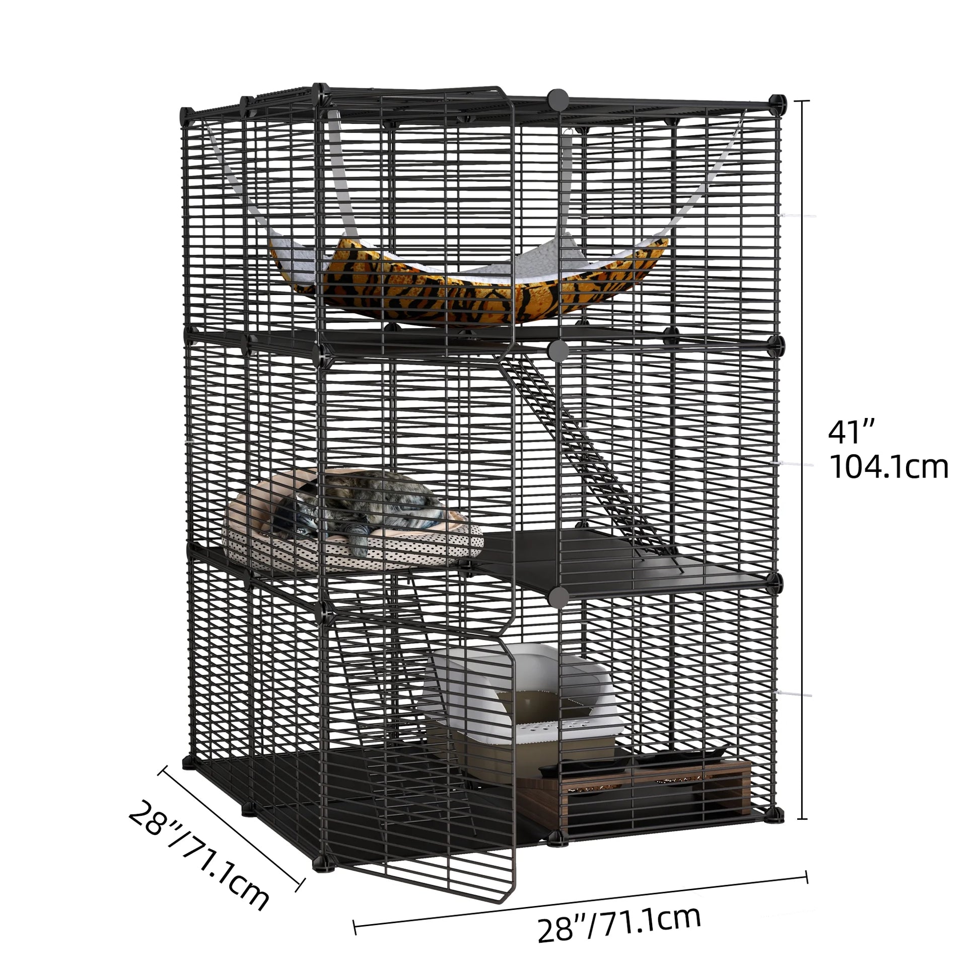 41" Large 3-Tier Cat Cage with Extra Large Hammock - Indoor Pet Playpen for 1-2 Cats, Black