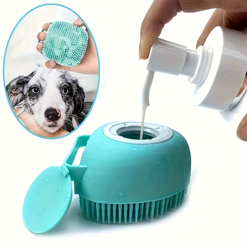 Silicone Soft Rubber Pet Massage Shower Brush with Builtin Shampoo Storage Self Cleaning Detangling for Dogs Cats Grooming Brush