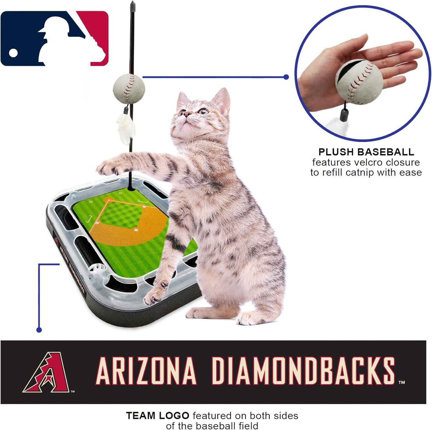 Cat Scratching Toy MLB ARIZONA DIAMONDBACKS Baseball Field Cat Scratcher Toy with Interactive Cat Ball Bell in Tracks. 5-In-1 CAT TOY: Cat Wand Poll with CATNIP FILLED Plush Baseball & Feathers.