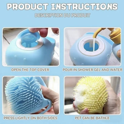 Silicone Soft Rubber Pet Massage Shower Brush with Builtin Shampoo Storage Self Cleaning Detangling for Dogs Cats Grooming Brush
