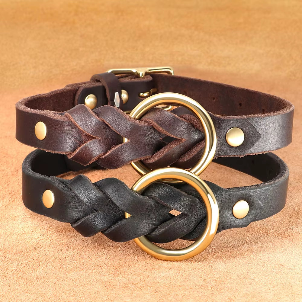 Genuine Leather Dog Collar Leash Set Braided Durable Leather Dog Collars for Medium Large Dogs German Shepherd Pet Accessories