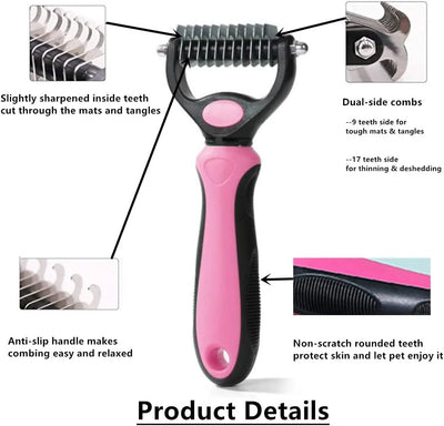 Dog Cat Dematting Comb, Pet Deshedding Brush, Double Sided Blade Dog Grooming Undercoat Rakes, Deshedding Tool for Knots Mats Tangles Removing, Pet Grooming Brush (Rose Red)
