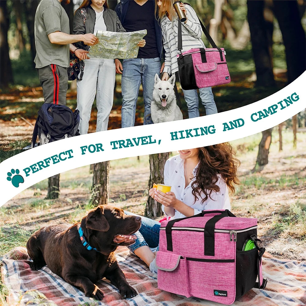 Dog Travel Bag, Travel Pet Bag Organizer, Dog Food Travel Bag with Food Container and Bowls, Dog Travel Supplies Gift Accessories for Weekend Camping, Dog Cat Diaper Bag (Pink, Large)