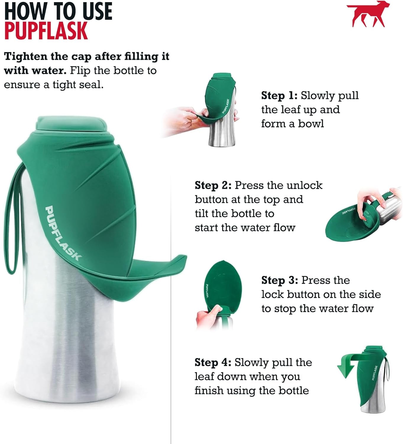 Pupflask Large Dog Water Bottle | 27 or 40 OZ Stainless Steel | Convenient Dog Drink Dispenser | Puppy Travel Water Bowl | Portable Pet Hydration Bottle | Leak Proof | Perfect Size for All Breeds