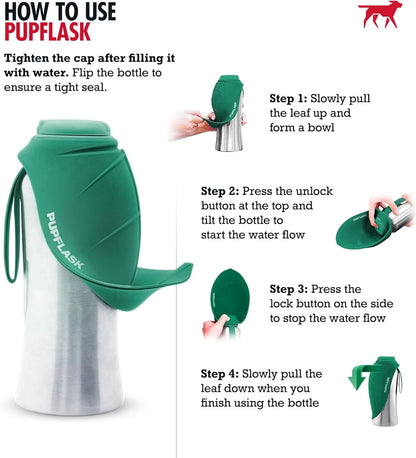 Pupflask Large Dog Water Bottle | 27 or 40 OZ Stainless Steel | Convenient Dog Drink Dispenser | Puppy Travel Water Bowl | Portable Pet Hydration Bottle | Leak Proof | Perfect Size for All Breeds