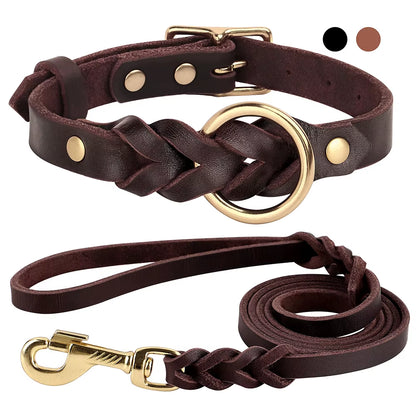 Genuine Leather Dog Collar Leash Set Braided Durable Leather Dog Collars for Medium Large Dogs German Shepherd Pet Accessories