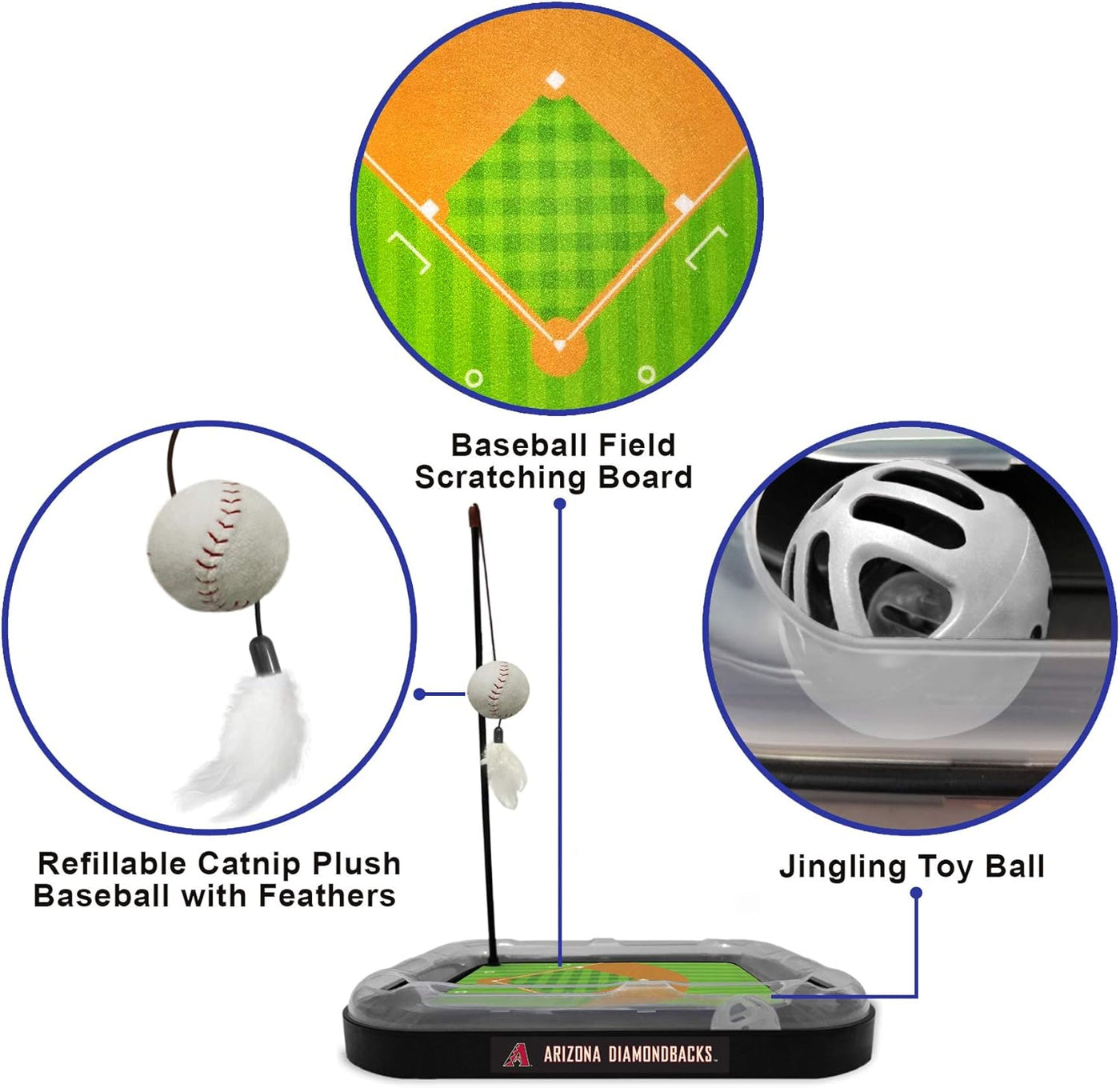 Cat Scratching Toy MLB ARIZONA DIAMONDBACKS Baseball Field Cat Scratcher Toy with Interactive Cat Ball Bell in Tracks. 5-In-1 CAT TOY: Cat Wand Poll with CATNIP FILLED Plush Baseball & Feathers.