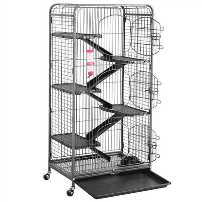 Large 6 Level Rolling Pet Cage with 3 Doors, Pet Bowl, and Water Bottle for Small Animals, Black