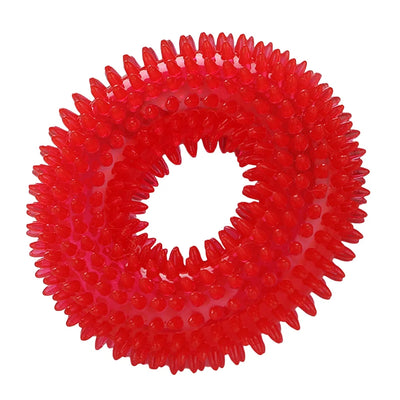 Dog Squeaky Toys, Non Toxic Dog Thorn Circle Ring Squeak Chew Toss Fetch Toys for Dogs, TPR Rubber Puppy Toys Spikey Dog Chew Toys for Small Medium and Large Dogs, Red, 1Pc