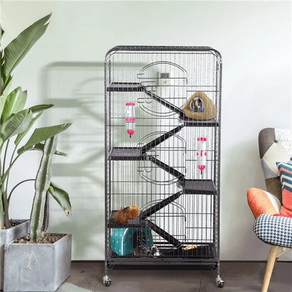 Large 6 Level Rolling Pet Cage with 3 Doors, Pet Bowl, and Water Bottle for Small Animals, Black