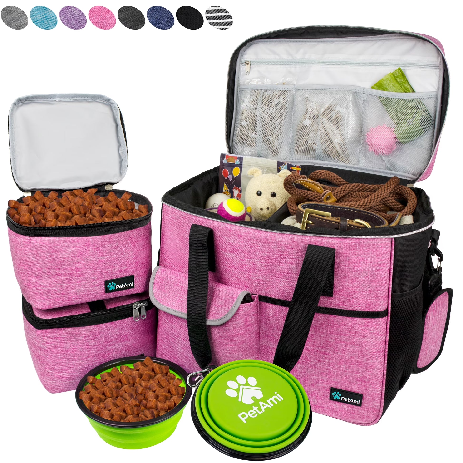Dog Travel Bag, Travel Pet Bag Organizer, Dog Food Travel Bag with Food Container and Bowls, Dog Travel Supplies Gift Accessories for Weekend Camping, Dog Cat Diaper Bag (Pink, Large)