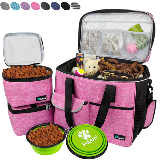 Dog Travel Bag, Travel Pet Bag Organizer, Dog Food Travel Bag with Food Container and Bowls, Dog Travel Supplies Gift Accessories for Weekend Camping, Dog Cat Diaper Bag (Pink, Large)