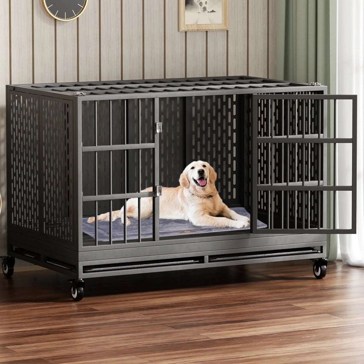 48 Inch Heavy Duty Dog Crate with Wheels for Indoor and Outdoor, Extra Large，Removable Tray