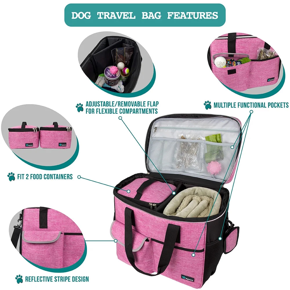 Dog Travel Bag, Travel Pet Bag Organizer, Dog Food Travel Bag with Food Container and Bowls, Dog Travel Supplies Gift Accessories for Weekend Camping, Dog Cat Diaper Bag (Pink, Large)