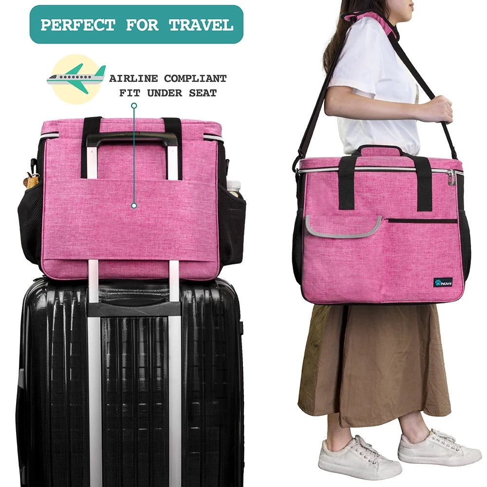 Dog Travel Bag, Travel Pet Bag Organizer, Dog Food Travel Bag with Food Container and Bowls, Dog Travel Supplies Gift Accessories for Weekend Camping, Dog Cat Diaper Bag (Pink, Large)