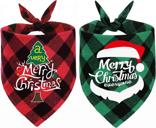 2 Pack Dog Christmas Bandana, Classic Plaid Pet Scarf Triangle Bibs Kerchief Bulk, Merry Christmas Pet Bandana Xmas Costume Accessories for Puppy Small Medium Large Dogs Cats Outfit
