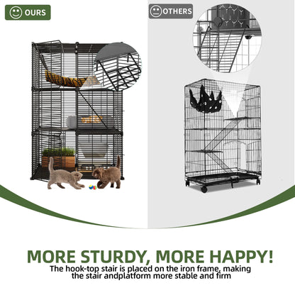 41" Large 3-Tier Cat Cage with Extra Large Hammock - Indoor Pet Playpen for 1-2 Cats, Black