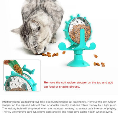 Cat Food Puzzle, Windmill Cat Toy, Turntable Food Dispenser, Multifunctional Interactive Teasing, Funny Kitten Toys Cat Leaking Food Puzzle Toy with Strong Suction Cup
