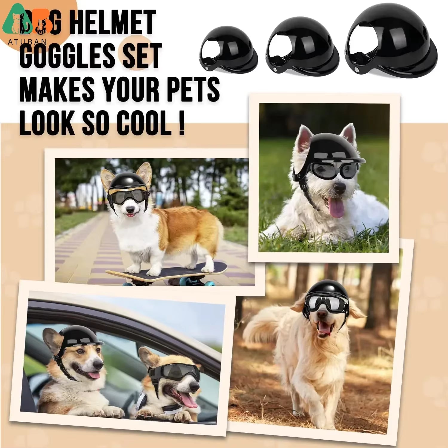 Dog Helmet and Goggles-Uv Protection Doggy Sunglasses Dog Glasses Pet Hat Motorcycle Helmets Protection for Puppy Riding