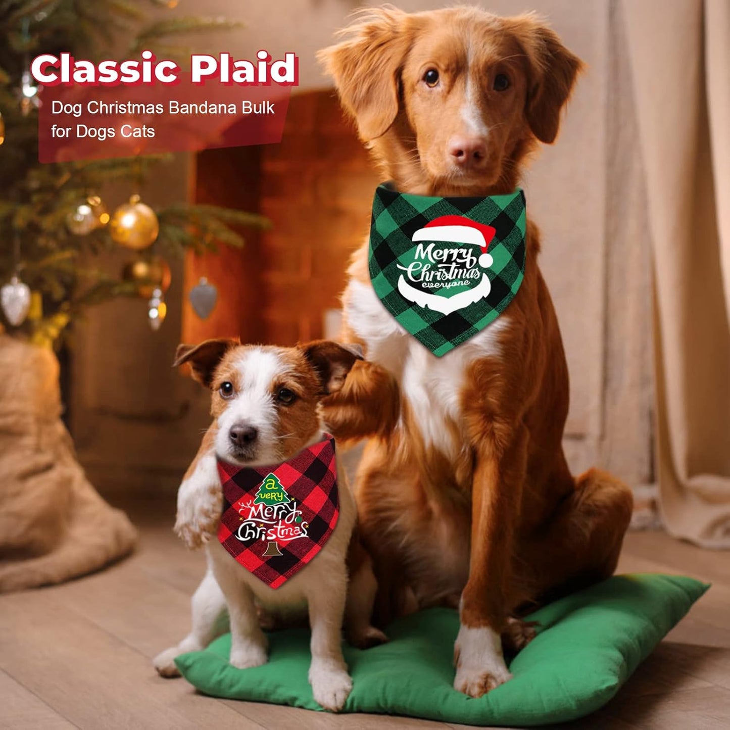 2 Pack Dog Christmas Bandana, Classic Plaid Pet Scarf Triangle Bibs Kerchief Bulk, Merry Christmas Pet Bandana Xmas Costume Accessories for Puppy Small Medium Large Dogs Cats Outfit