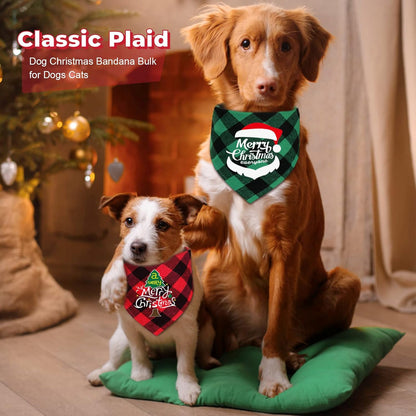 2 Pack Dog Christmas Bandana, Classic Plaid Pet Scarf Triangle Bibs Kerchief Bulk, Merry Christmas Pet Bandana Xmas Costume Accessories for Puppy Small Medium Large Dogs Cats Outfit