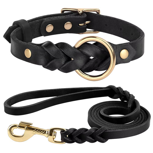Genuine Leather Dog Collar Leash Set Braided Durable Leather Dog Collars for Medium Large Dogs German Shepherd Pet Accessories