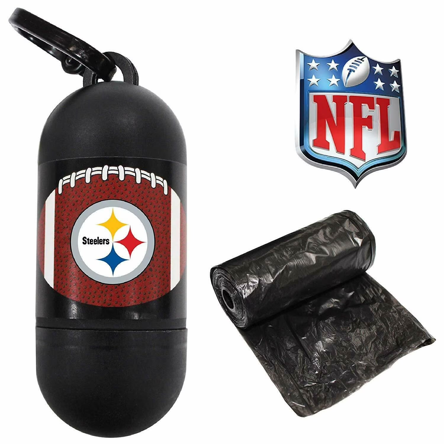NFL PITTSBURGH STEELERS Durable LICENSED Poop Waste Bag Dispenser & Leash Clip with 150 Premium Dog Waste Bags