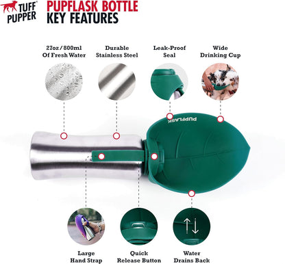 Pupflask Large Dog Water Bottle | 27 or 40 OZ Stainless Steel | Convenient Dog Drink Dispenser | Puppy Travel Water Bowl | Portable Pet Hydration Bottle | Leak Proof | Perfect Size for All Breeds