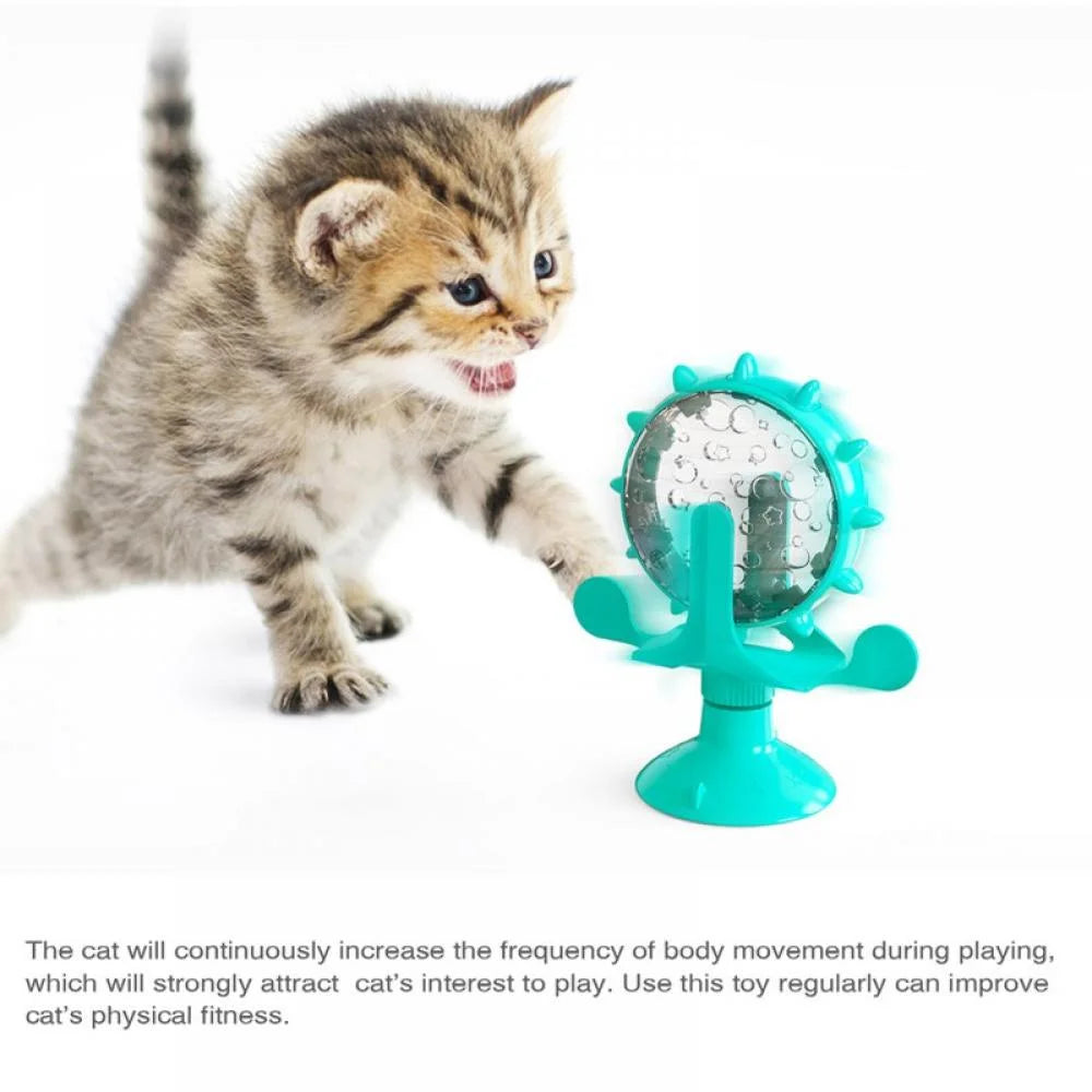 Cat Food Puzzle, Windmill Cat Toy, Turntable Food Dispenser, Multifunctional Interactive Teasing, Funny Kitten Toys Cat Leaking Food Puzzle Toy with Strong Suction Cup