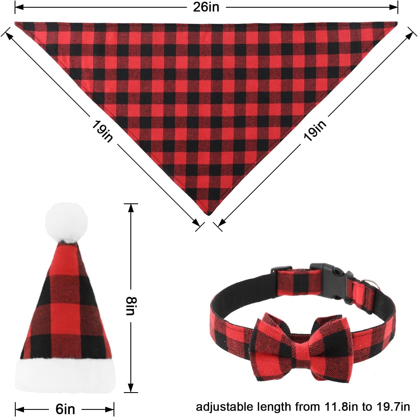 6Pcs Christmas Pet Costume Accessories Kit White Red Black Buffalo Check Plaids Dog Bandana Christmas Hat Adjustable Bow Tie Collar Pet Triangle Bib Kerchief Dog Scarf for Cat Puppy Dog, M