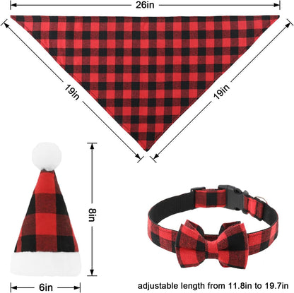 6Pcs Christmas Pet Costume Accessories Kit White Red Black Buffalo Check Plaids Dog Bandana Christmas Hat Adjustable Bow Tie Collar Pet Triangle Bib Kerchief Dog Scarf for Cat Puppy Dog, M