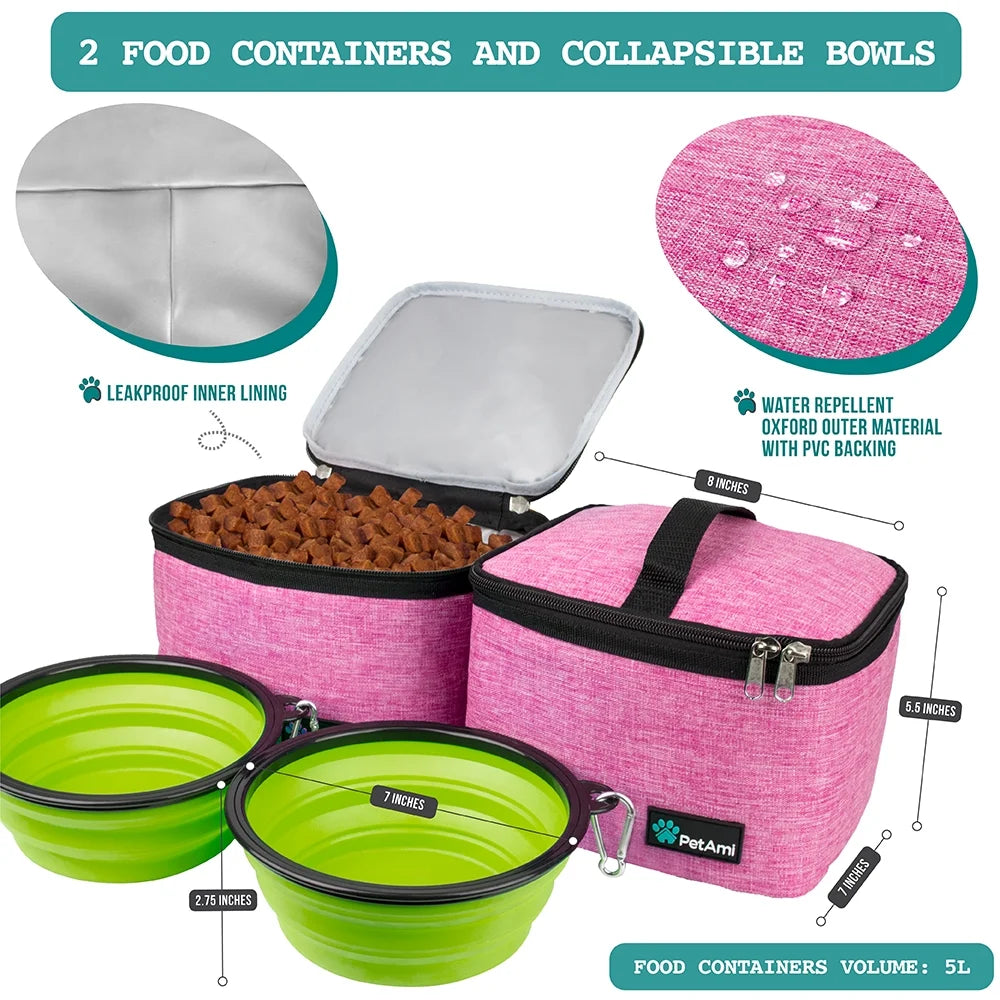 Dog Travel Bag, Travel Pet Bag Organizer, Dog Food Travel Bag with Food Container and Bowls, Dog Travel Supplies Gift Accessories for Weekend Camping, Dog Cat Diaper Bag (Pink, Large)