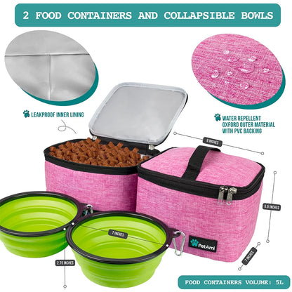 Dog Travel Bag, Travel Pet Bag Organizer, Dog Food Travel Bag with Food Container and Bowls, Dog Travel Supplies Gift Accessories for Weekend Camping, Dog Cat Diaper Bag (Pink, Large)