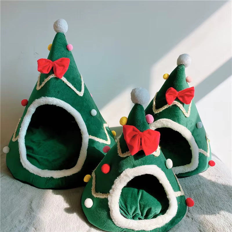 Dog Bed Christmas Tree Shape Cat Bed Winter Warm Cozy Cave Cage Portable Pets Supplies Christmas Accessories Litter Kennel