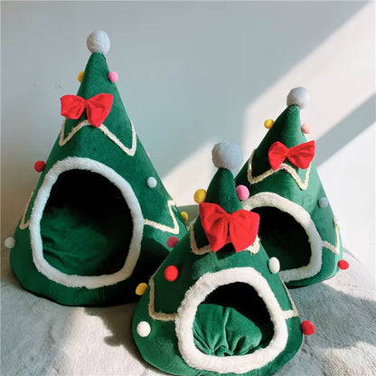 Dog Bed Christmas Tree Shape Cat Bed Winter Warm Cozy Cave Cage Portable Pets Supplies Christmas Accessories Litter Kennel