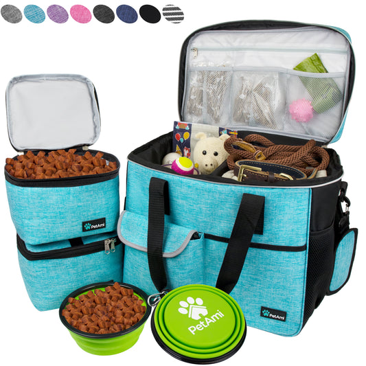 Dog Travel Bag, Travel Pet Bag Organizer, Dog Food Travel Bag with Food Container and Bowls, Dog Travel Supplies Gift Accessories for Weekend Camping, Dog Cat Diaper Bag(Sea Blue, Large)