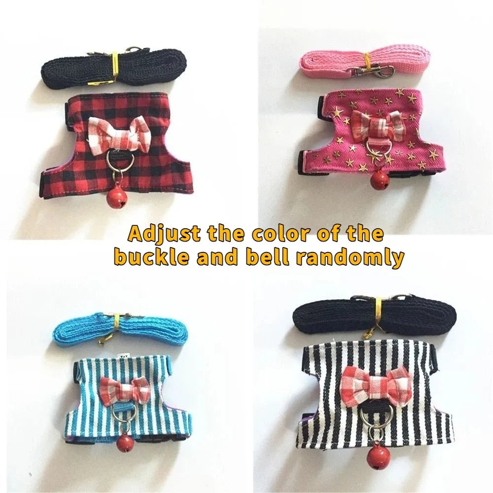 Adjustable Hamster Harness Comfortable Escape-Proof Hamster Chest Strap with Bow Bells Hamster Striped Vest Training