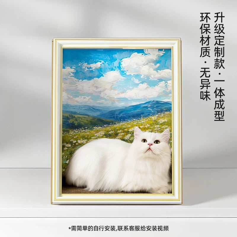 Vintage Oil Painting Cat House with Scratching Board, Multi-Functional Cat Bed & Toy for All Seasons, Retro Indoor Cat Furniture