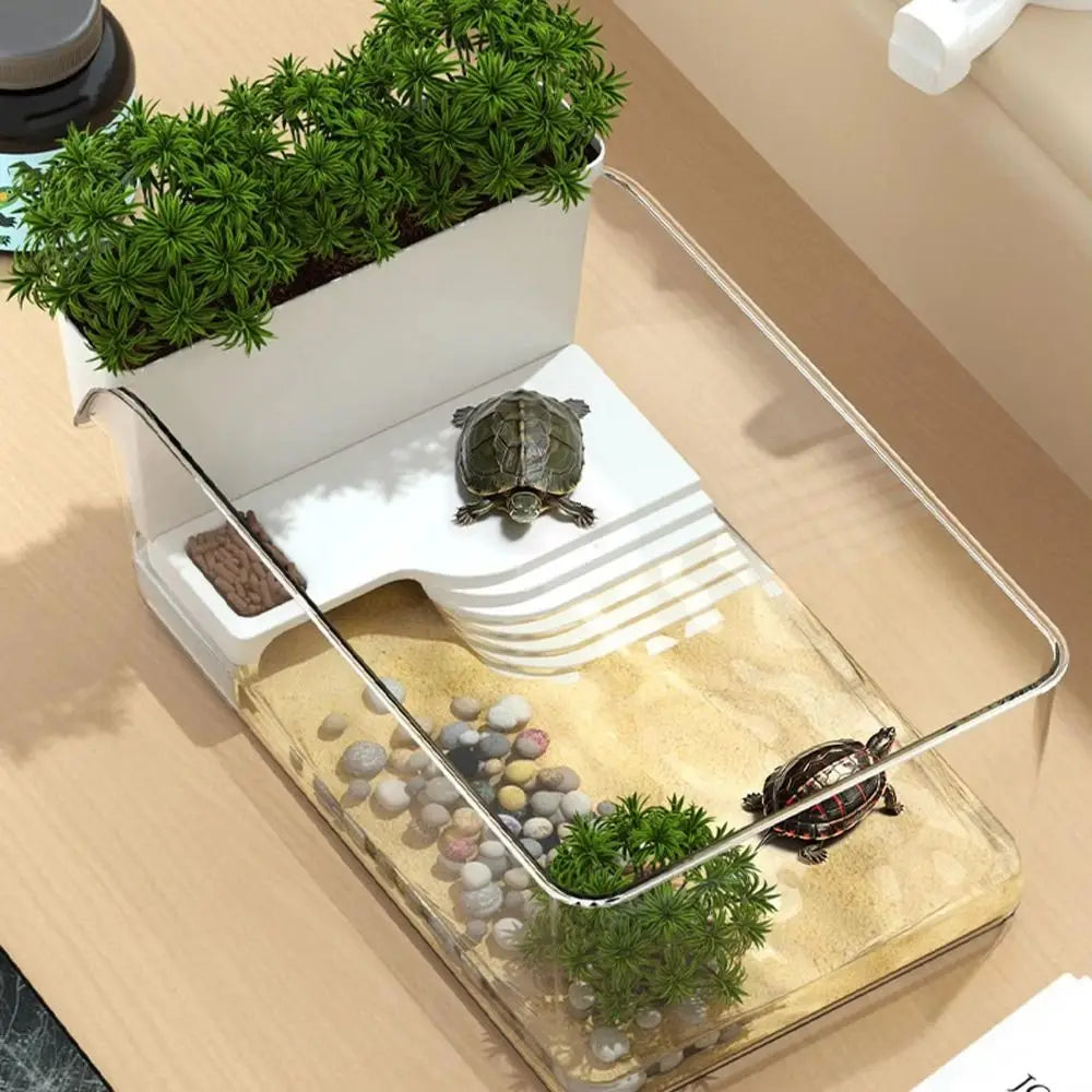 Transparent Turtle Tank Ecological Landscaping with Basking Area Reptile Terrarium Habitat Sun Climbing Crab Tank