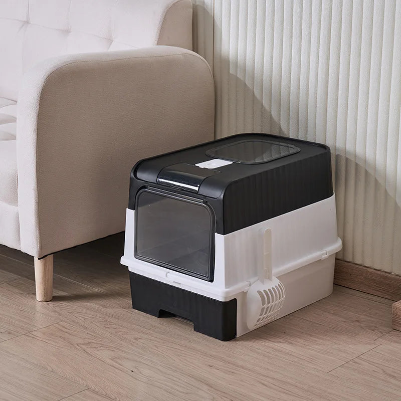Cat Litter Box with Scoop, Large Foldable Litter Box with Lid, Front Entry Top Exit Kitty Box, Odor Control, Easy To Clean