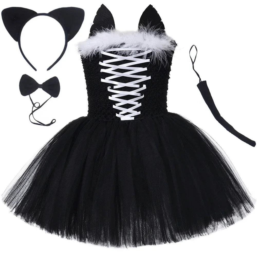 Black Cat Costume for Girls Halloween Carnival Party Tutu Dress Up Animal Kitten Costumes for Kids Toddler Fancy Tulle Dresses