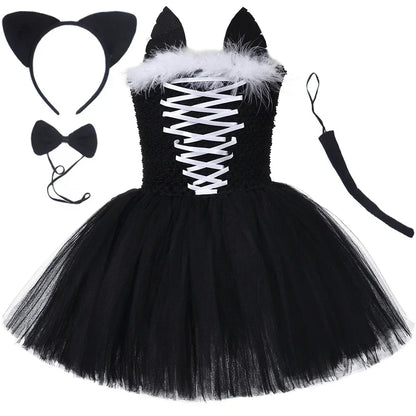Black Cat Costume for Girls Halloween Carnival Party Tutu Dress Up Animal Kitten Costumes for Kids Toddler Fancy Tulle Dresses