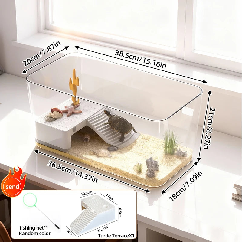 Transparent Reptile Terrarium Tank with Basking Area for Pet Turtles Hermit Crabs Tortoise - Turtle Adoption Habitat