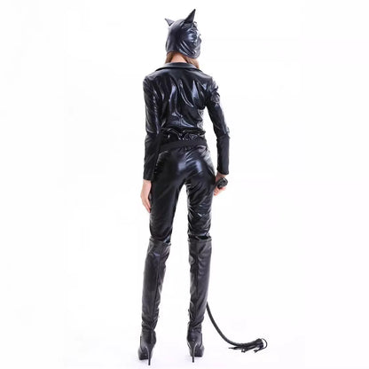Black PU Cat Costume for Halloween Adult Women Carnival Party Catsuit DJ Bodysuit