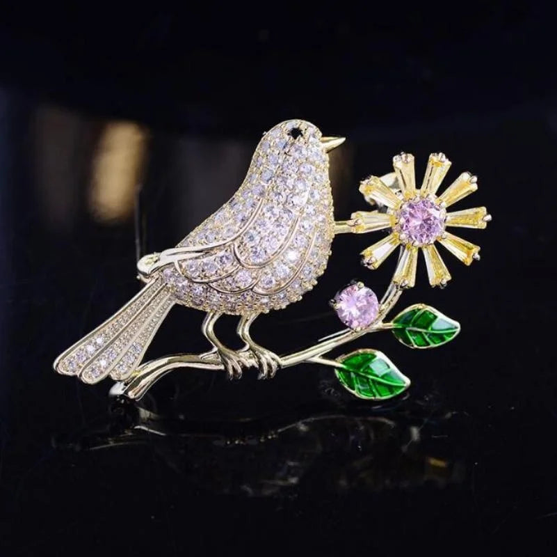 Cute Bird Elegant Standing Branch Flower Brooch Creative Versatile Love Bird Evening Dress Corsage Brooch Accessories Gift