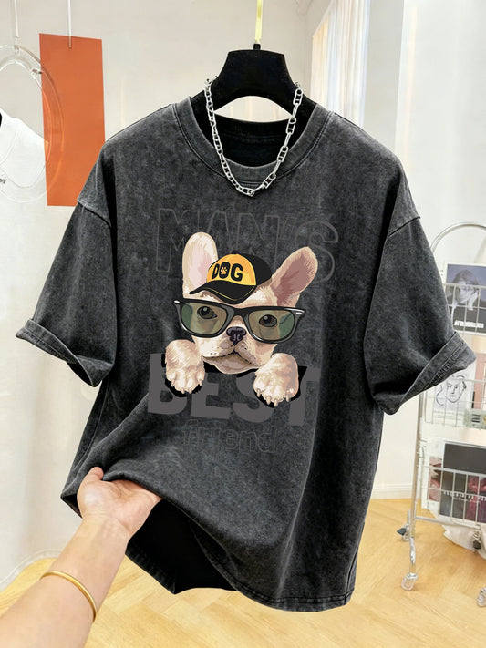 Dogs Are Man'S Best Friend Print Washed Vintage T Shirt O-Neck Oversize Short Sleeve Trendy Cotton Clothes Casual Soft T-Shirt