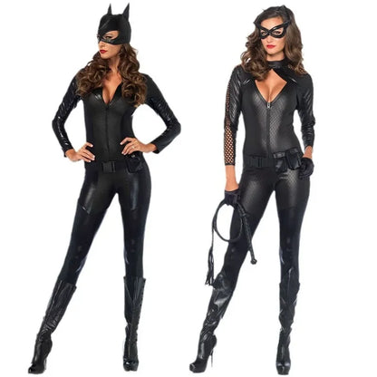 Black PU Cat Costume for Halloween Adult Women Carnival Party Catsuit DJ Bodysuit
