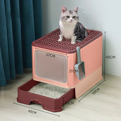Cat Litter - Box With Scoop, Large Foldable Litter Box With Lid, Front Entry Top Exit Kitty Box, Odor Control
