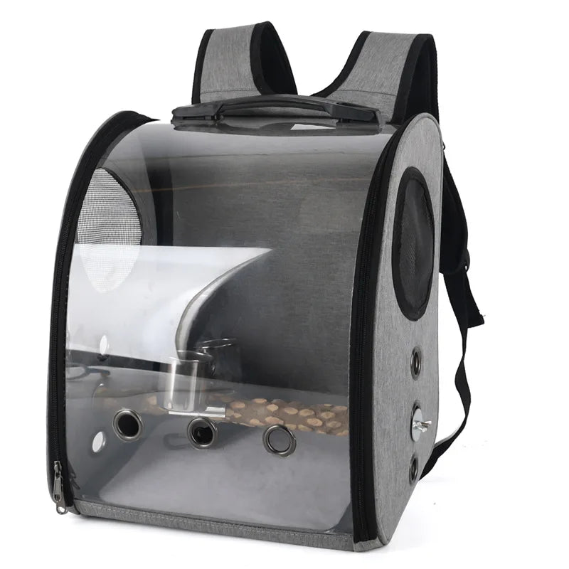 Portable Bird Carrier Bag Birdcage Parrot Transparent Backpack with Feeding Cups Wood Platform for Parakeet Cockatiel Lovebirds